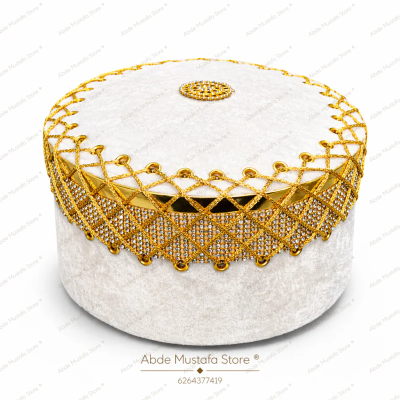 Luxury Islamic Cap white velvet gold work