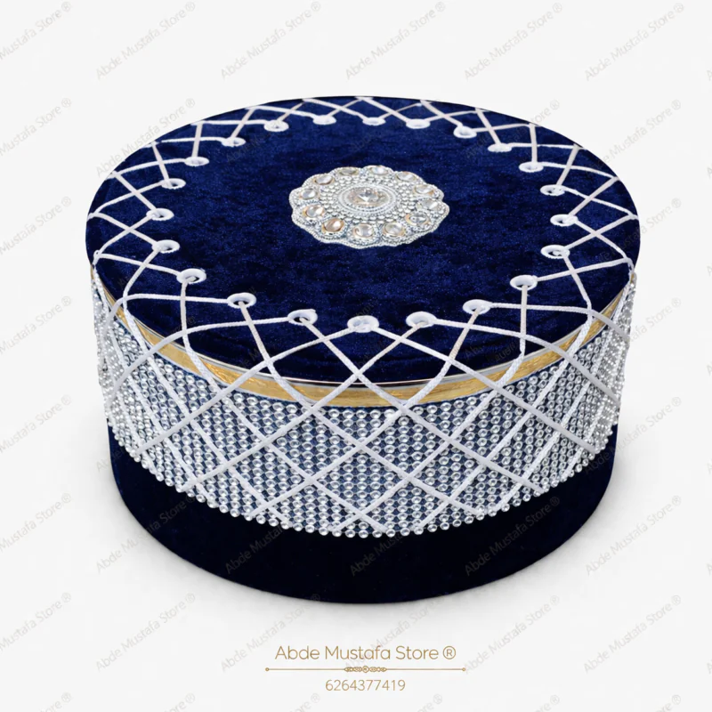 Premium Royal Navy Blue Velvet Islamic Cap with Silver Stone Work for Men