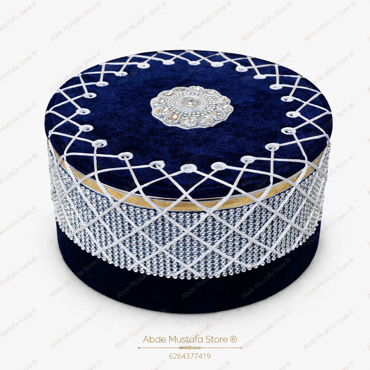 Premium Royal Navy Blue Velvet Islamic Cap with Silver Stone Work for Men