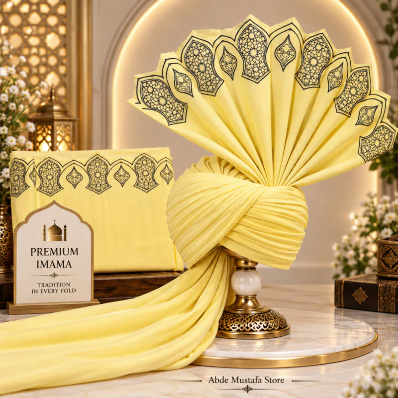 Premium Light Yellow & Black Embroidery Imama – 4 Meter