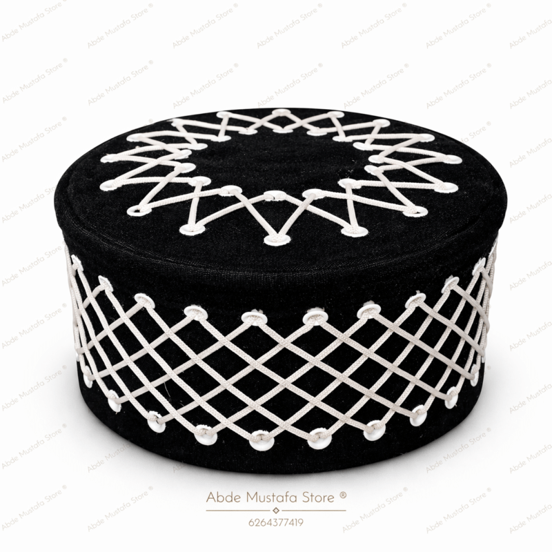 Black Velvet Kufi Cap for Men with White Design