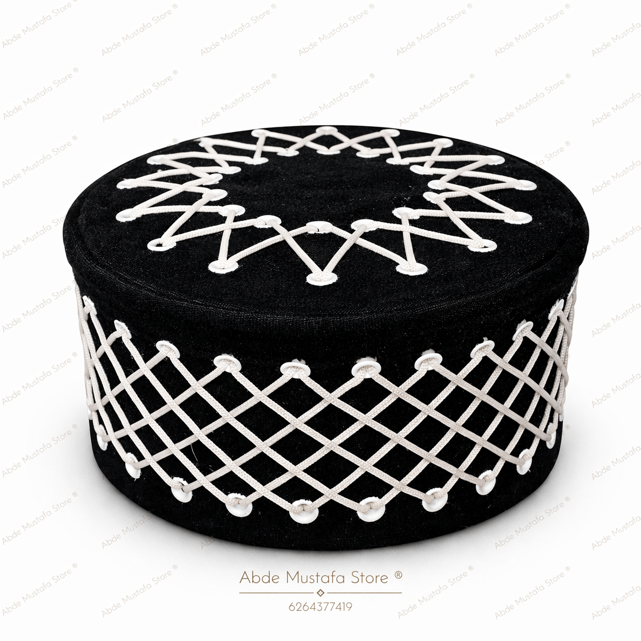 Velvet Kufi Cap Black Velvet Kufi Cap for Men with White Design