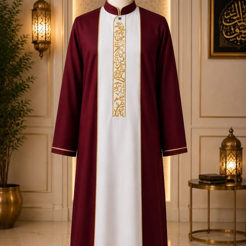 Premium maroon coat style Jubba with white front panel and golden embroidery